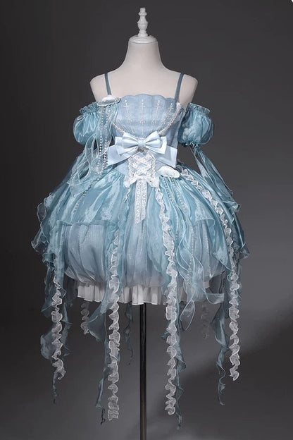 [Pre-order Deadline: September 5] Blue Fantasy Jellyfish Bow Ruffle Suspender Bubble Dress with Asymmetrical Hem+Puff Sleeves with Arm Sleeves