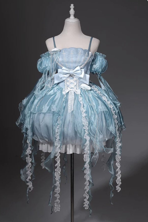 [Pre-order Deadline: September 5] Blue Fantasy Jellyfish Bow Ruffle Suspender Bubble Dress with Asymmetrical Hem+Puff Sleeves with Arm Sleeves
