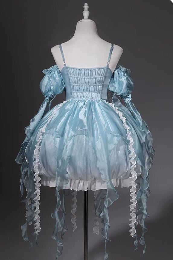 [Pre-order Deadline: September 5] Blue Fantasy Jellyfish Bow Ruffle Suspender Bubble Dress with Asymmetrical Hem+Puff Sleeves with Arm Sleeves