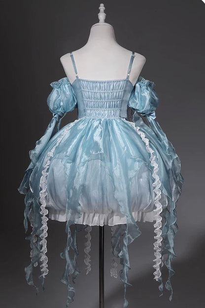 [Pre-order Deadline: September 5] Blue Fantasy Jellyfish Bow Ruffle Suspender Bubble Dress with Asymmetrical Hem+Puff Sleeves with Arm Sleeves