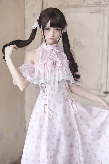 【6月15日予約締切】ピンクフローラルシフォンレースジュエルリボンオープンショルダーロングドレス
