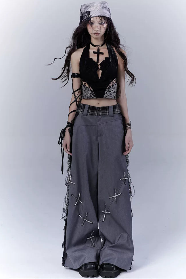 ダークバイカラーシークレットレースパッチワークパンツ