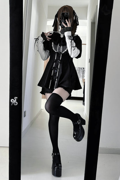 【3月1日予約締切】グレーブラックジュエルリボンフリルドレス＋ロングスリーブ＋ショートパンツフルセット