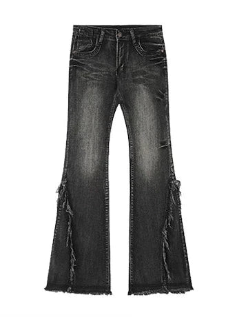 Retro-washed raw-edge mop long jeans