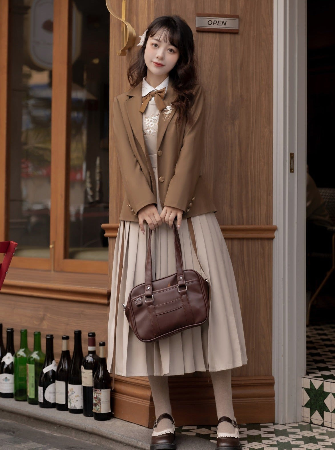 College Style Jacket + Suspender Skirt + Ribbon Blouse