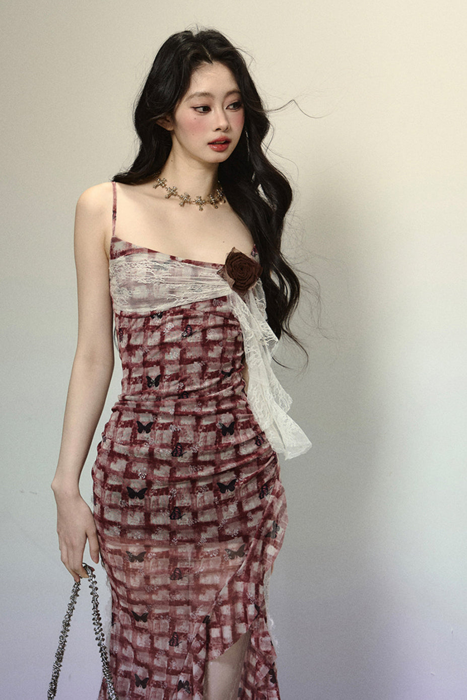 Red Check Slit Camisole Dress