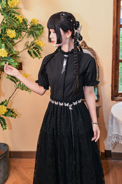 コットンススタンドカラーブラックスリムシャツ