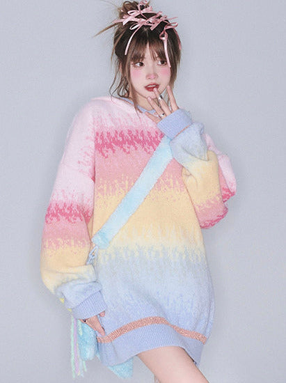 Pastel Color Lazy Loose Pullover Hooded Knit Sweater