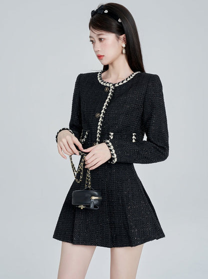 Shiny Tweed Ribbon Jacket + Flared Skirt