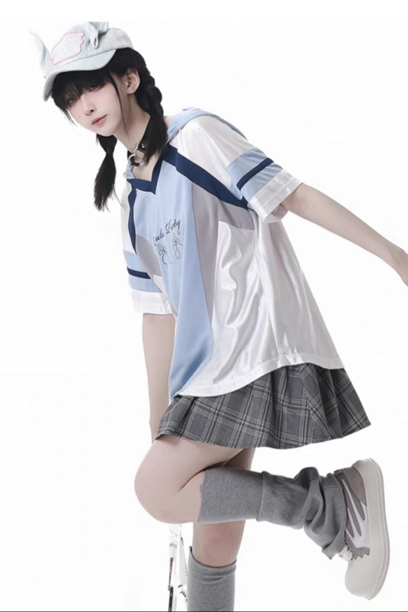 Blue Jersey Design Top + Ruffle Skirt + Hooded Top