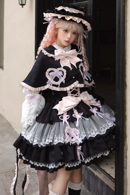 レイヤーフリルスイートプリンセスロリータジャンパースカート+テール+ヘアバンド+ケープ+ボンネット