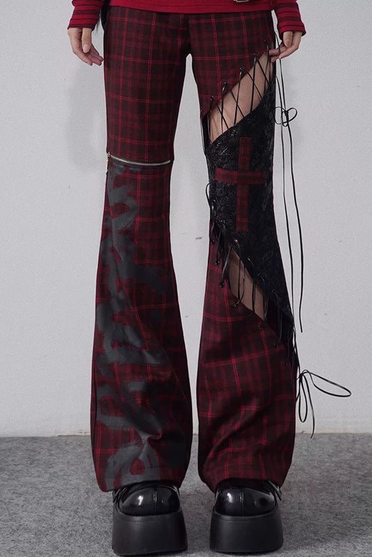 チェックローライズブーツカットパンツ