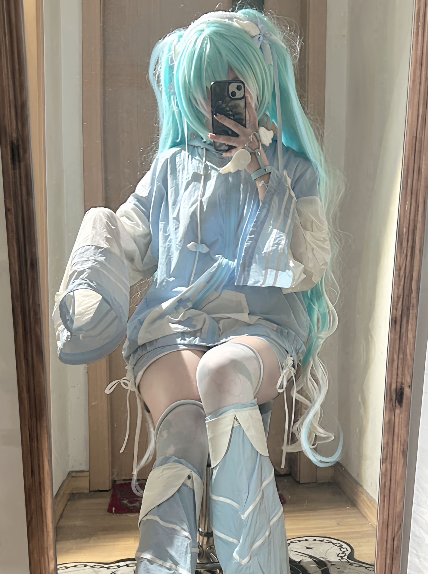 [Angel Neighborhood👼Aqua Angel Subculture Hooded Parka + Ribbon Shorts + Leg Warmers