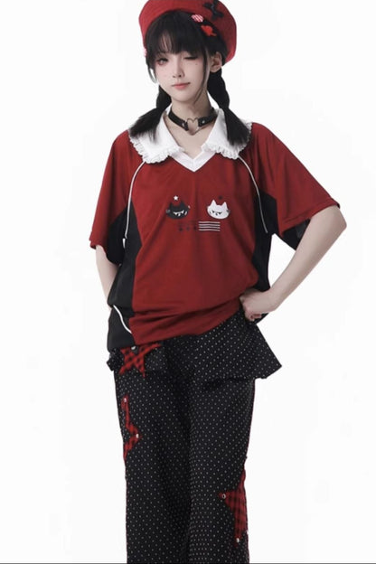 レースカラーオーバートップス＋バルーンスカート＋ロングパンツ＋レッグウォーマー