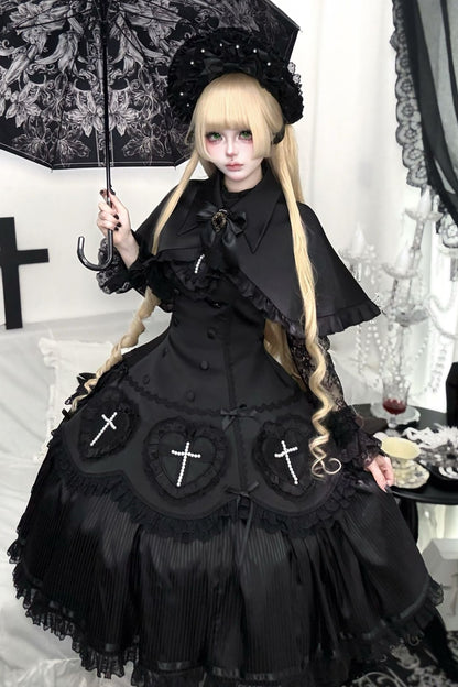 【12月12日予約締切】Night Crossダークエレガントゴシックロリータジュエルリボンケープ＋ロングドレスセット