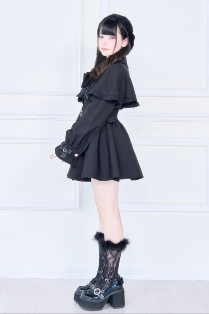 【予約商品】チェックアンドブラックケープショートトレンチクラウンリボンコート