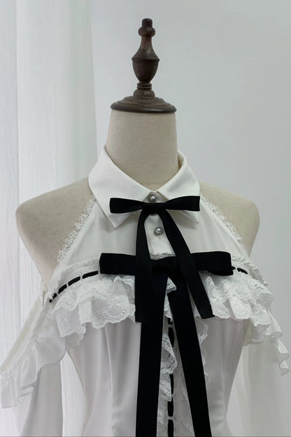 [Vorbestellschluss: 1015] Weiße Gothic-Spitzenbluse mit langen Ärmeln und Cut-out-Schultern&nbsp;mit abnehmbaren Schleifen+Spitzen-Boxfaltenrock