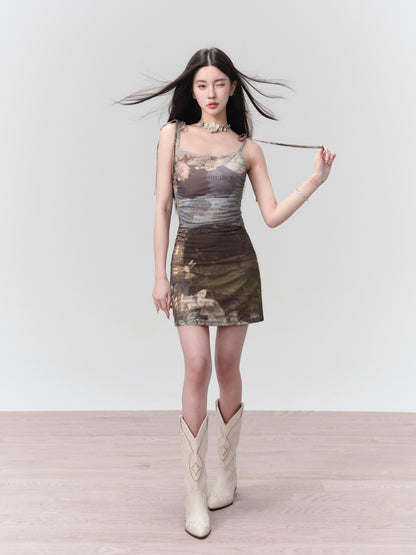 [Spot] Fragile Shop, Falling Dream, Retro Printed Oil Painting Skirt, Slim Knitted Slip Dress