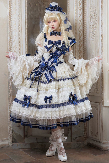 [Date limite de précommande : 9/28] Robe lolita princesse classique élégante royale blanc x bleu à nœud en dentelle et volants + ensemble complet (ras-de-cou/chapeau à voile/manches princesse [manches amovibles] /ceinture ruban/traîne à nœud au dos)