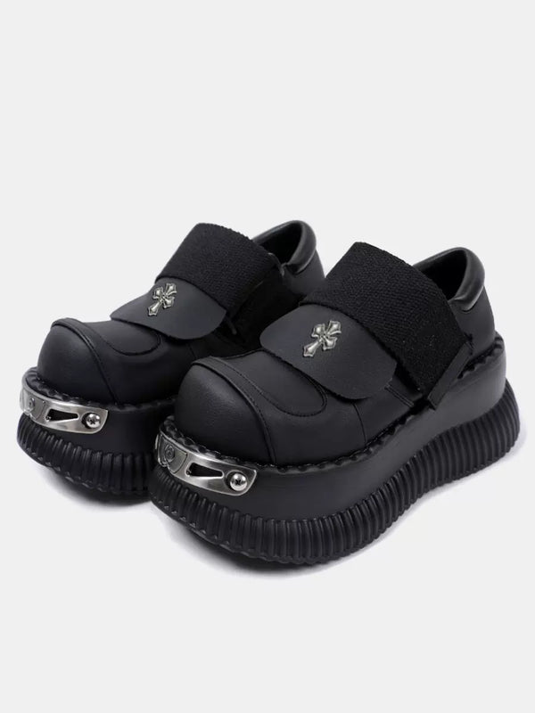 Metal Punk Cross Velcro Leather Platform Shoes