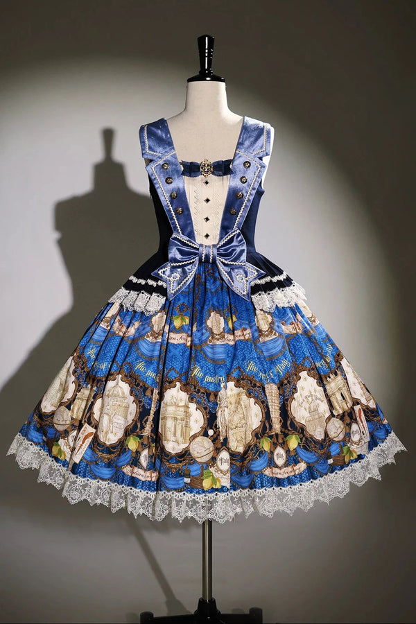 [Reservation Deadline: November 6] Navy Blue/Brown Classic Italian Travel Diary Lolita Vintage Print Bow Bustier JSK Dress with Metal Buttons & Lace Detail
