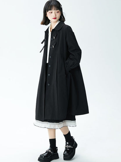 Tailored College Style Black Loose Pleated Doll Coat