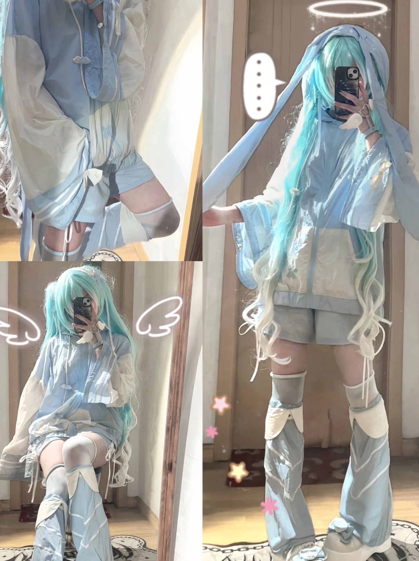 [Angel Neighborhood👼Aqua Angel Subculture Hooded Parka + Ribbon Shorts + Leg Warmers