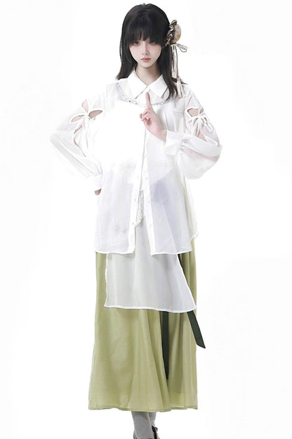 シフォンチャイナシャツ＋キャミソール＋ショートスカート＋ロングスカート＋レッグウォーマー