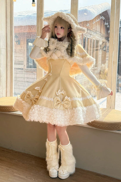 【11月7日予約締切】Yellow/Pink Sweet Lolita Lace Ribbon Fluffy Hem JSK Dress + Ruffle Neck Ribbed Bell Sleeve Top