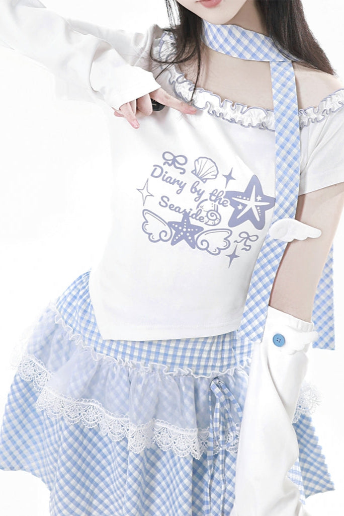 パステルスイートツインスカーフ付きTシャツ＋パフスカート＋アームカバー