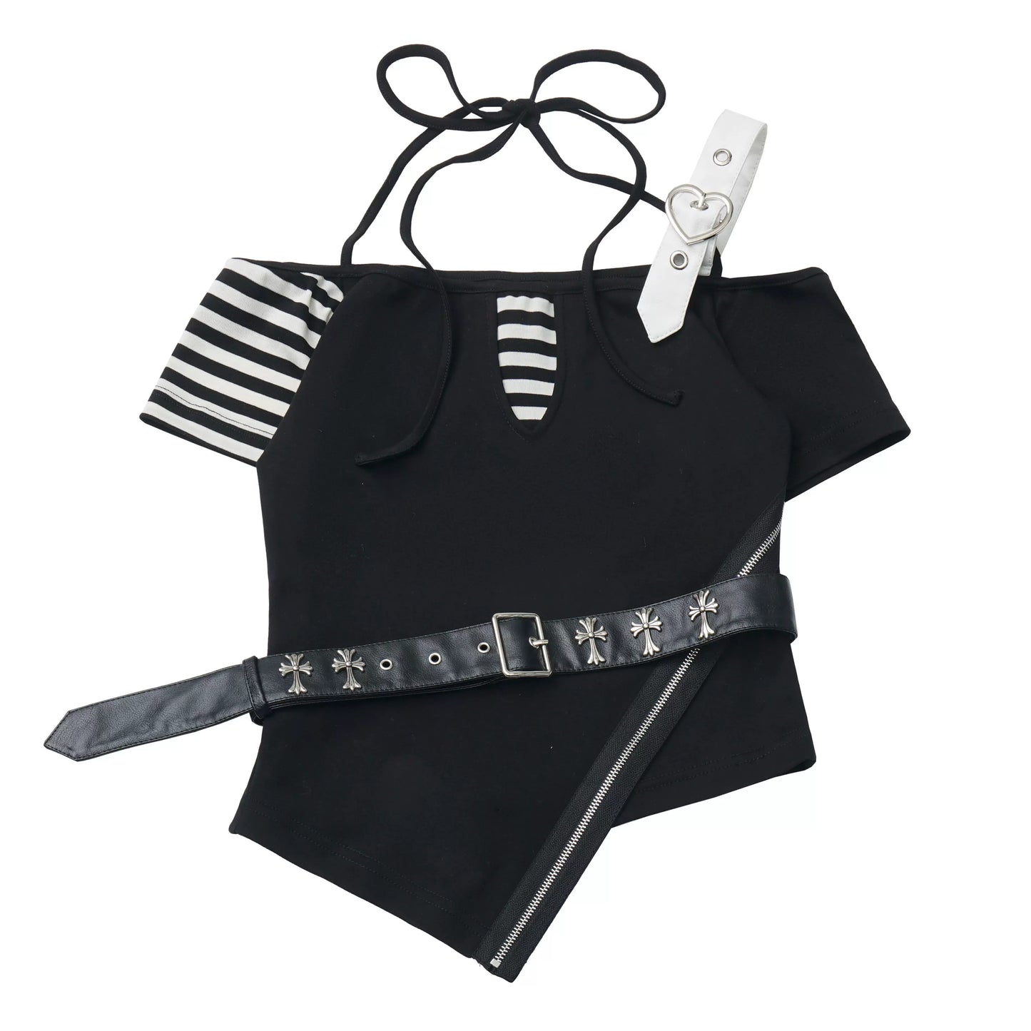 Heart Belt Off-Shoulder Punk Jirai Kei T-Shirt