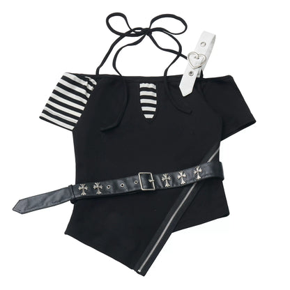 Heart Belt Off-Shoulder Punk Jirai Kei T-Shirt