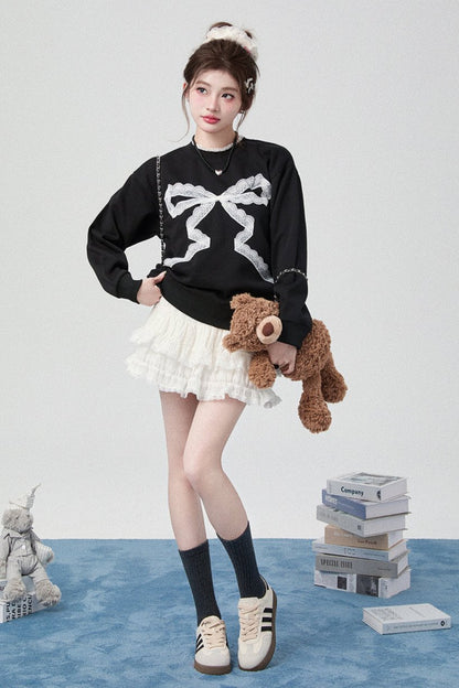 Original Bow Knit Sweatshirt+ White Skirt