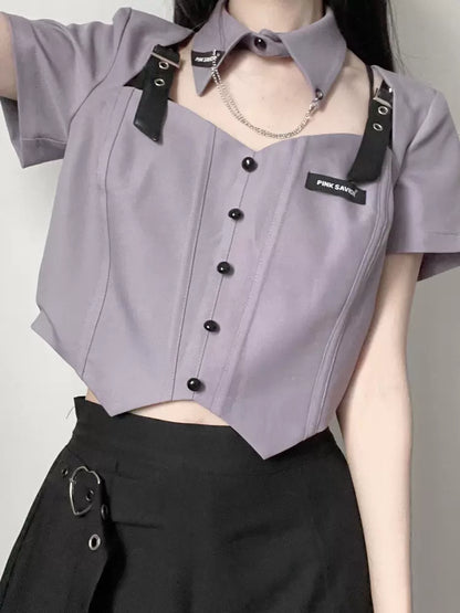 Grape Soda Purple White Shirt Halter Neck Top