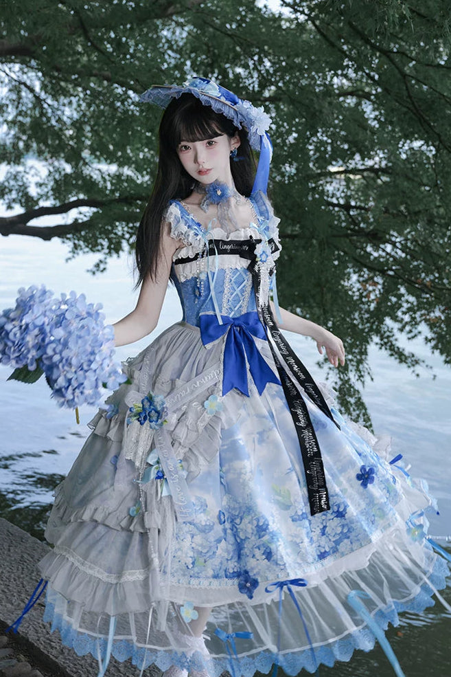 【9月29日予約締切】Blue Floral Print And Embroidered Elegant Lolita Series Accessories（Blue Floral Ribbon Lace Straw Hat/Choker/Two embroidered ribbons to attach to the overskirt）