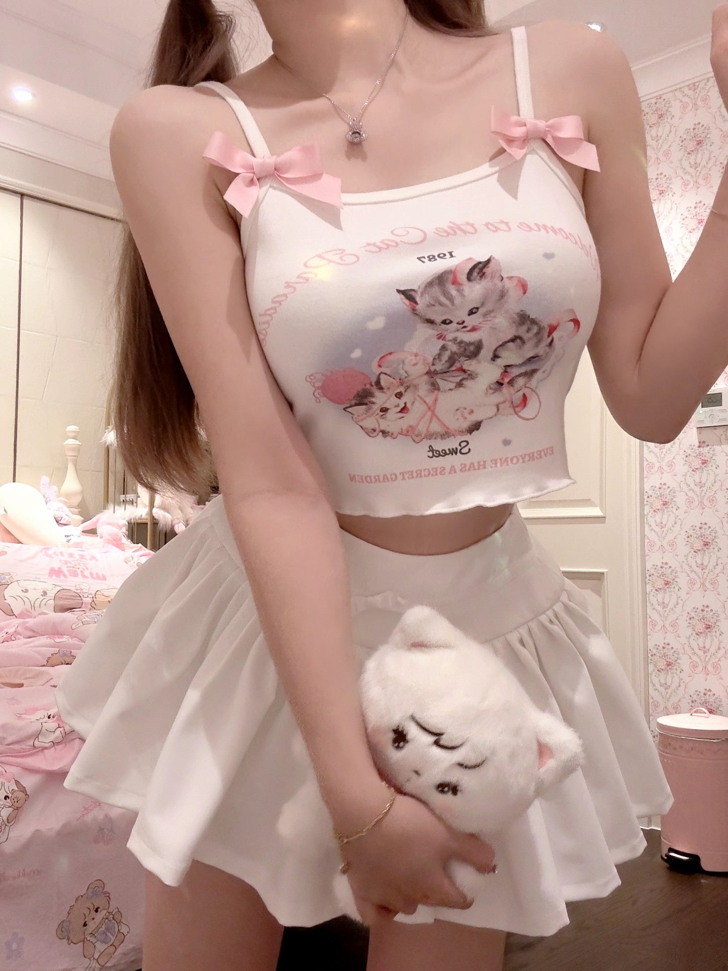 Double Ribbon Sweet Girly Cat Camisole