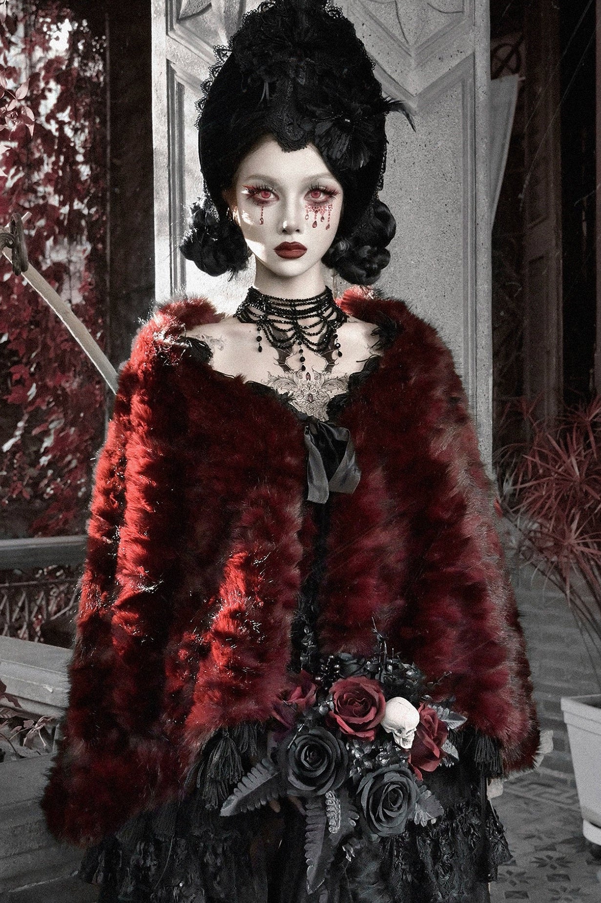 Blood supply original ◆ castle thriller crimson gothic environmental protection fur cloak jacket shawl Halloween winter