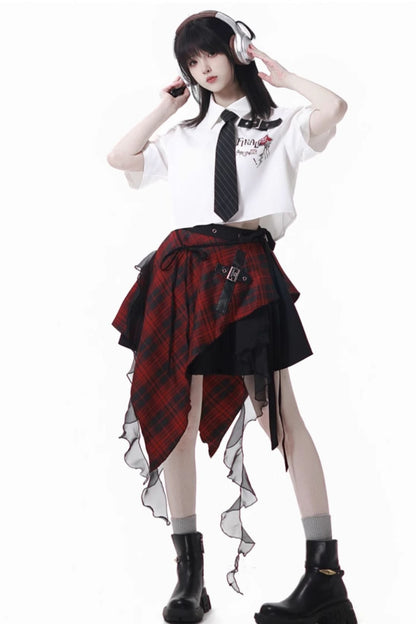 コントラストシャツ＋チェックスカート＋ブラックスカート＋ワイドパンツ＋ネクタイ