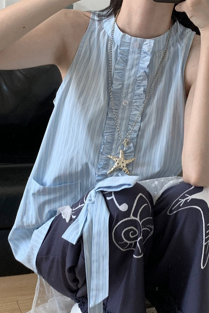 Gestreiftes Strandhemd + ärmelloses Hemd + Overshirt + Rock + weite Hose + Jeansrock