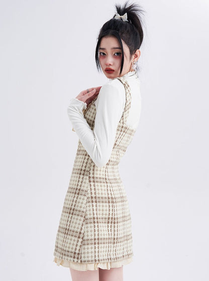 Retro check frill ribbon suspender dress