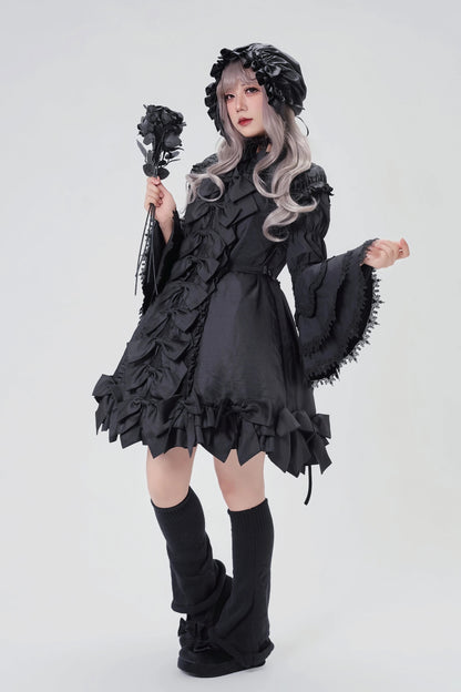 [November 15 Reservation Deadline] Black Gothic Doll-Style Front-And-Back Two-Way Ruffle Ribbon Lolita Dress (Short/Long) + Matching Shorts (Short/Long) + BB Hat