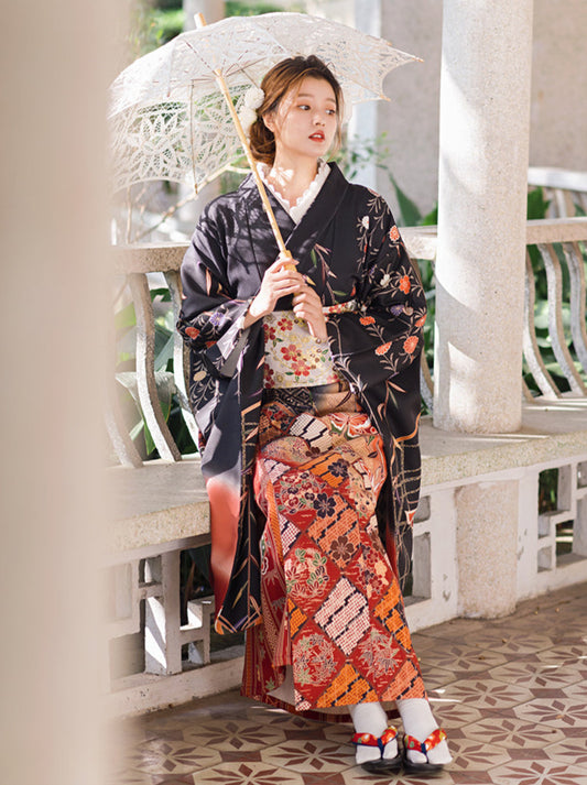 复古古典日式花纹花蝴蝶振袖套装【和服+手提包+足袋】