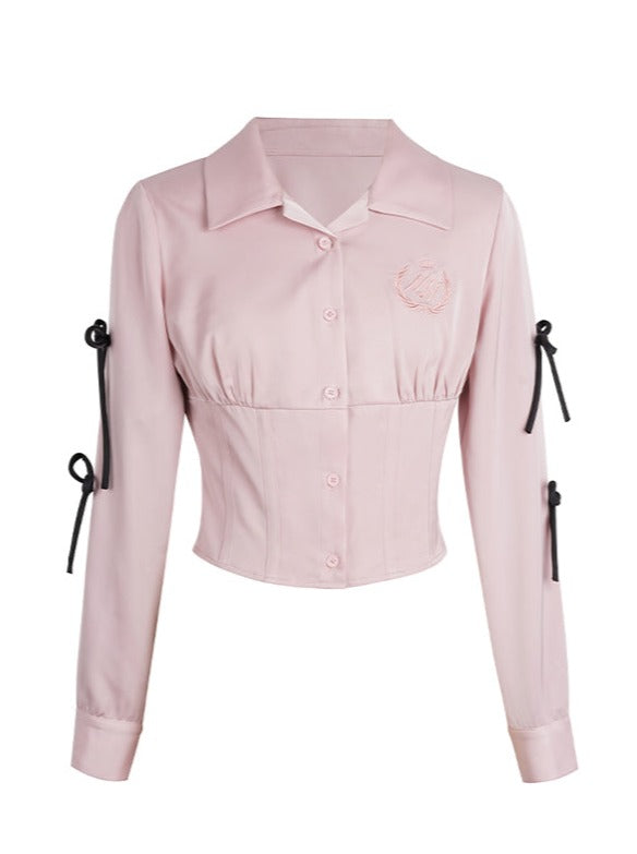 Ribbon waist mark top + ruffle skirt