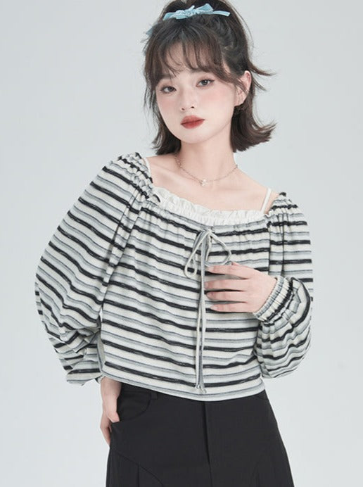 Square Collar Border Loose Tops