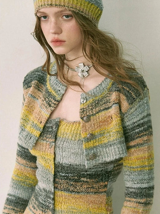 Col rond multicolore Veste cardigan courte à mailles étroites Top tube à poitrine serrée Combinaison jupe