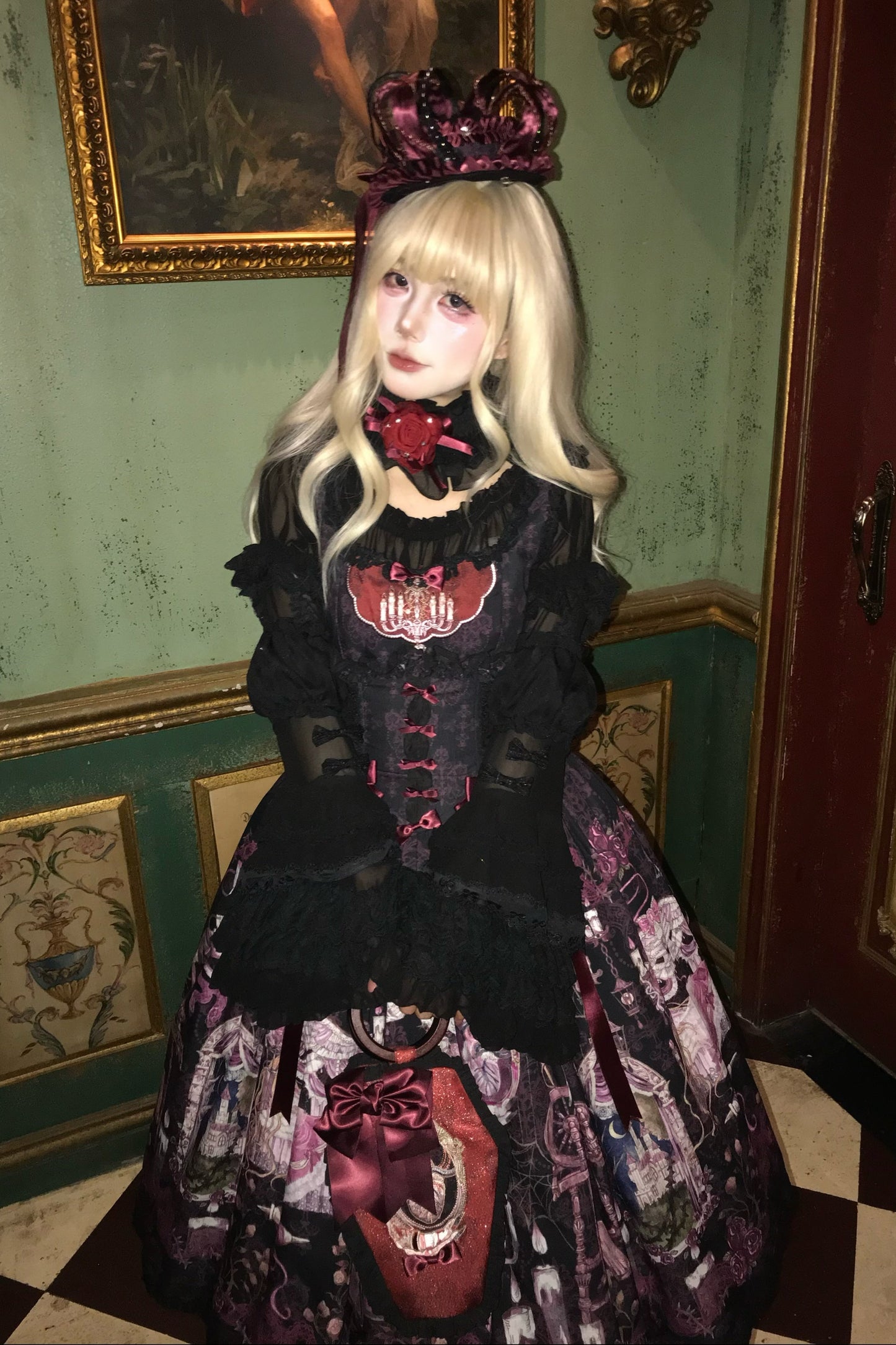 【7月26日予約締切】ブラック/ベージュホワイトエレガントフリルシアーパフスリーブシャツ＋レースリボンロングベルスリーブ（付袖）セット