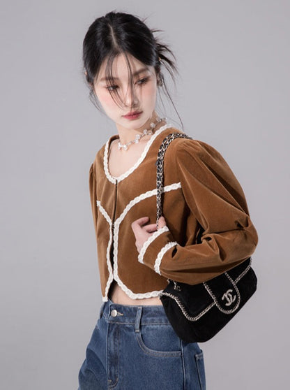 Latte Brown Patchwork Velvet Short Jacket