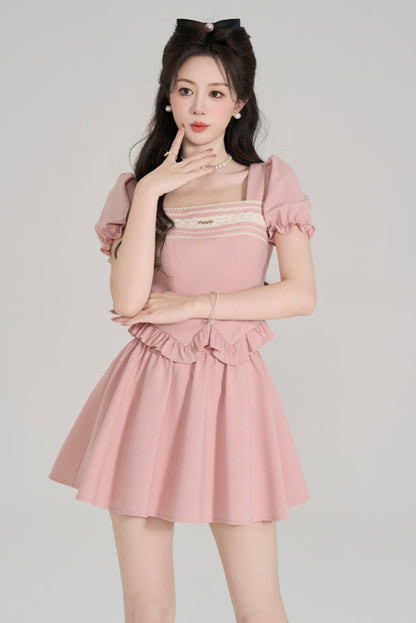 Pink Square Neck Puff Sleeve Top + Flare Skirt