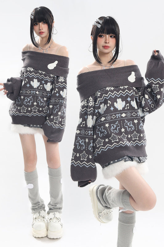 Fair Isle Off-Shoulder Sweater