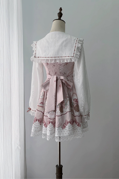 【8月30日予約締切】Pink and white rabbit print lace sailor collar Op dress +pleated dress skirt set＋ 3 Styles of Bow Tie Available